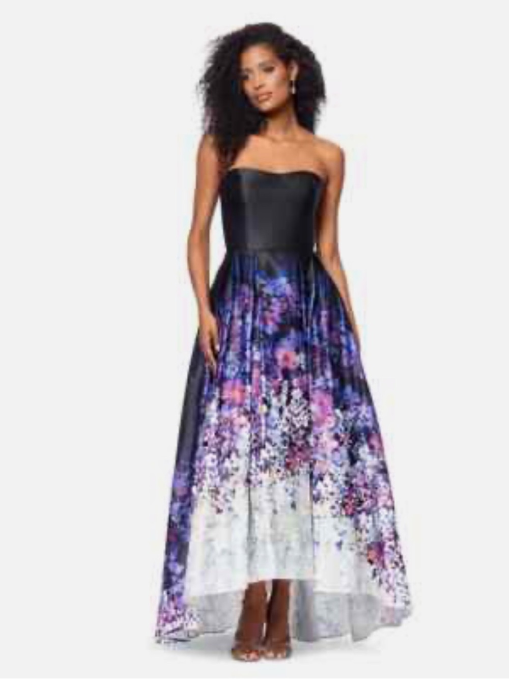 Betsy & Adam Strapless Black & Purple ombré Floral gown